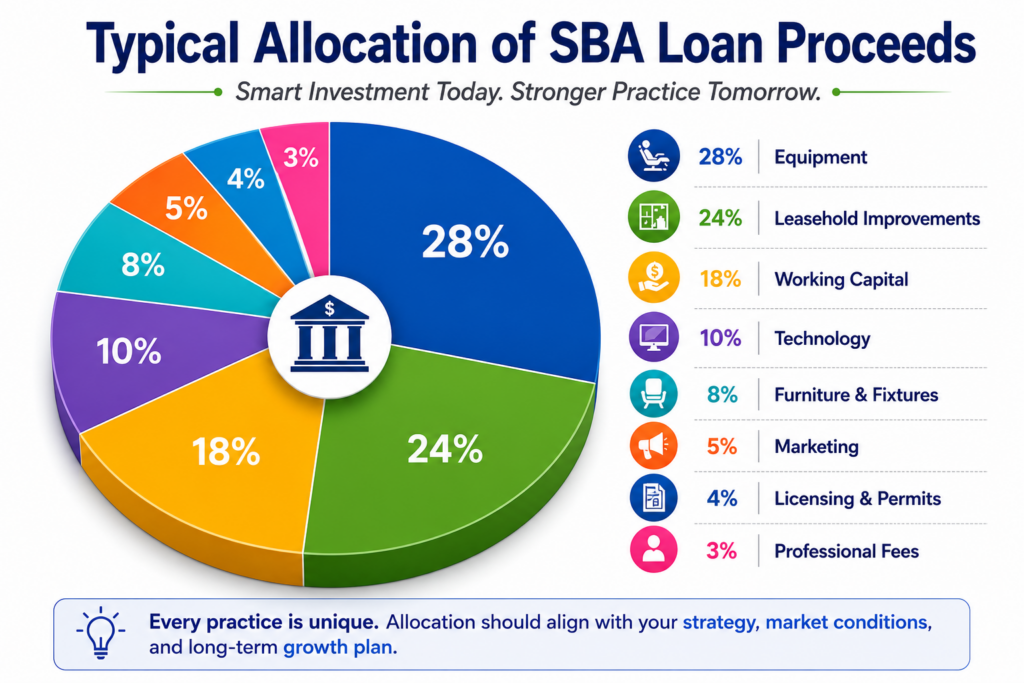 Typical allocation of SBA loan proceeds for opening, buying, or expanding a medical or dental practice, including equipment, leasehold improvements, working capital, technology, and startup expenses.