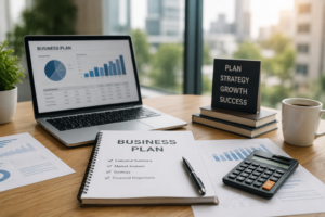 Business planning workspace featuring financial projections, growth strategy documents, performance charts, and business planning tools used for strategic decision-making.