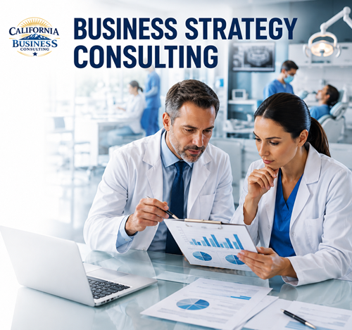 Business strategy consulting session with healthcare professionals reviewing performance metrics, growth planning, and operational reports in a medical practice.