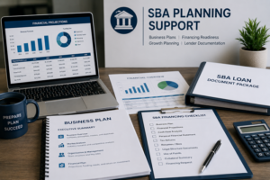 SBA planning support services including business plans, lender documentation preparation, startup planning, acquisition planning, financial forecasting, and financing readiness.