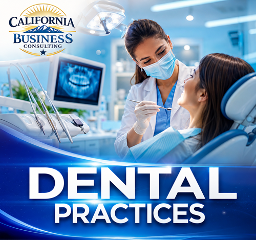 California Business Consulting banner for dental practice consulting featuring AI strategy, business planning, operational improvement, financial analysis, and practice growth.