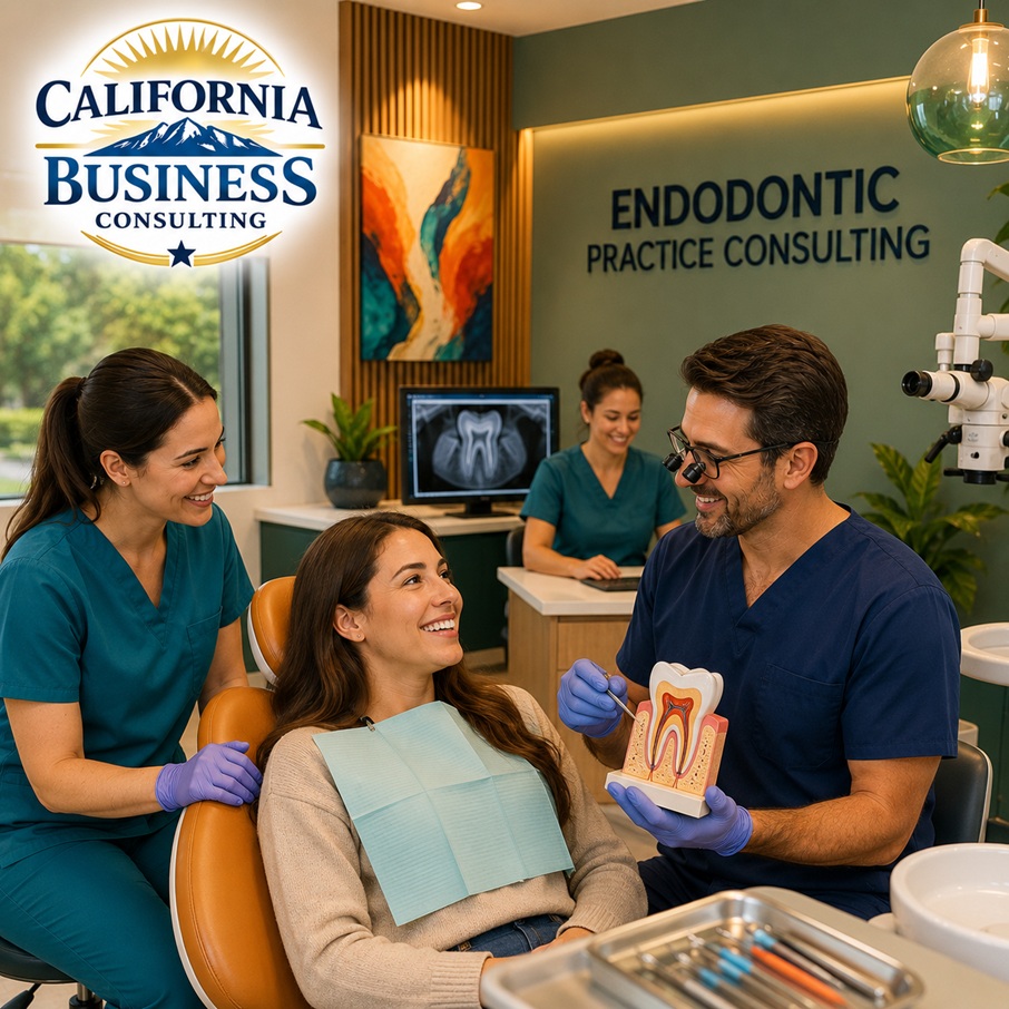 Endodontist consulting with a patient in a modern dental office during an endodontic treatment consultation, representing Endodontic Practice Consulting by California Business Consulting.