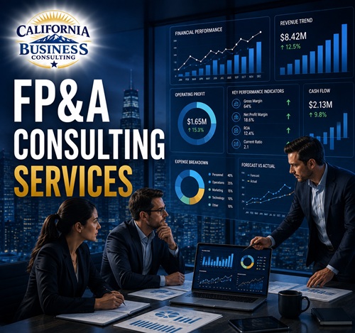 FP&A Consulting Services professionals analyzing financial dashboards, budgeting, forecasting, KPI reporting, and financial planning to support strategic business decision-making.