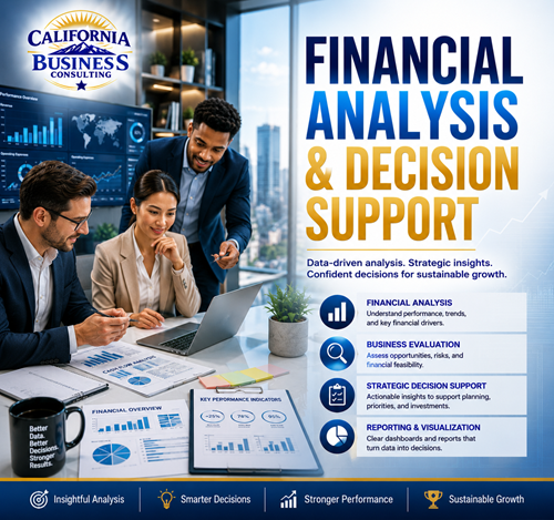 California Business Consulting banner for financial analysis and decision support featuring business intelligence, financial planning, KPI dashboards, data analytics, and strategic decision-making.