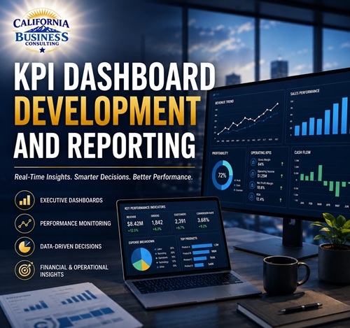KPI Dashboard Development and Reporting with executive dashboards, performance monitoring, financial and operational insights, and data-driven decision-making
