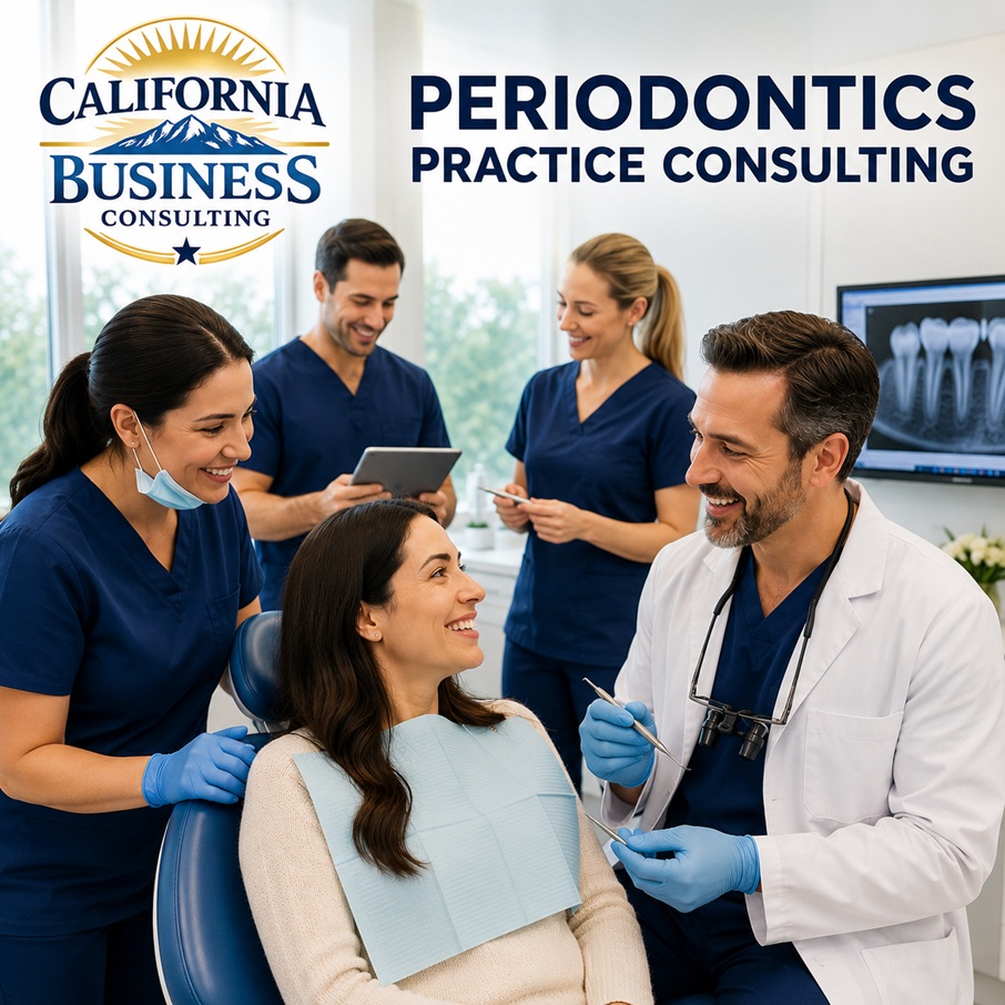 Periodontist consulting with a patient in a modern periodontal office with dental staff, representing Periodontics Practice Consulting by California Business Consulting.