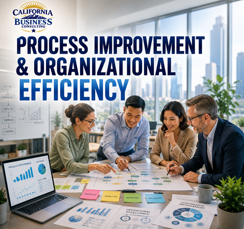 California Business Consulting banner for process improvement and organizational efficiency featuring workflow optimization, AI strategy, operational excellence, and business performance.