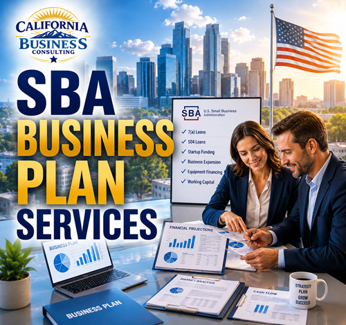 California Business Consulting banner for SBA business plan services featuring SBA 7(a) and SBA 504 loan planning, financial analysis, and business consulting.