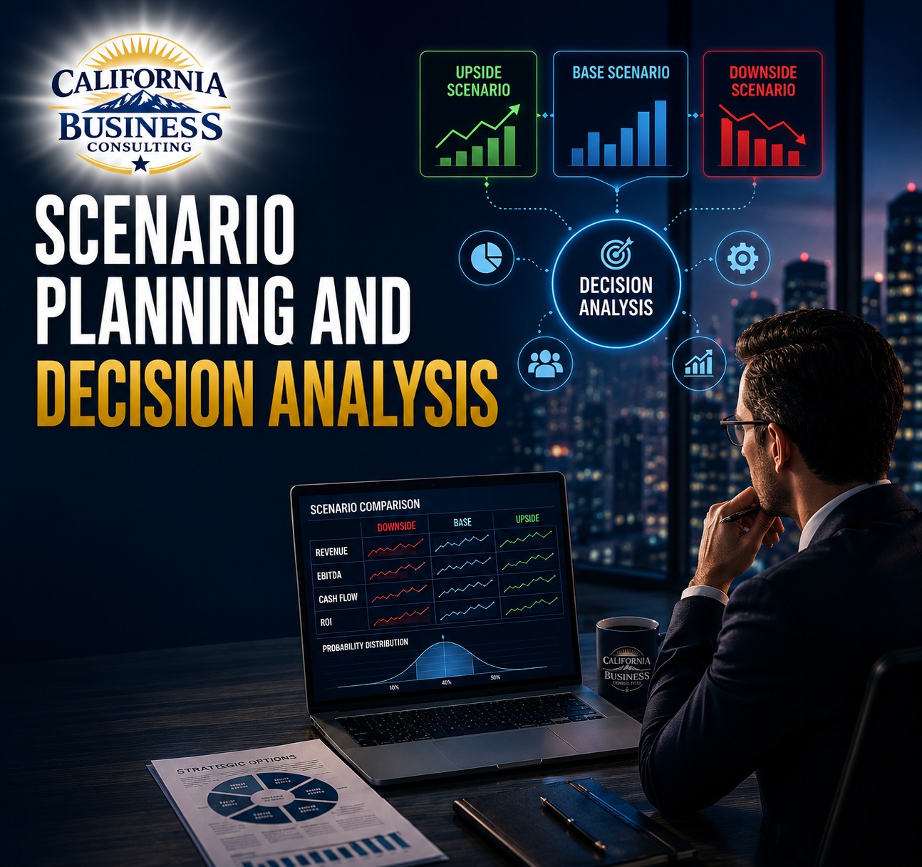 Scenario Planning and Decision Analysis consulting services with business executive reviewing strategic scenarios, financial models, risk analysis, and decision support dashboards for data-driven business planning.