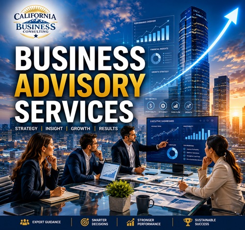 Business Advisory Services meeting with executive team reviewing financial dashboards, business strategy, performance metrics, and growth planning by California Business Consulting.