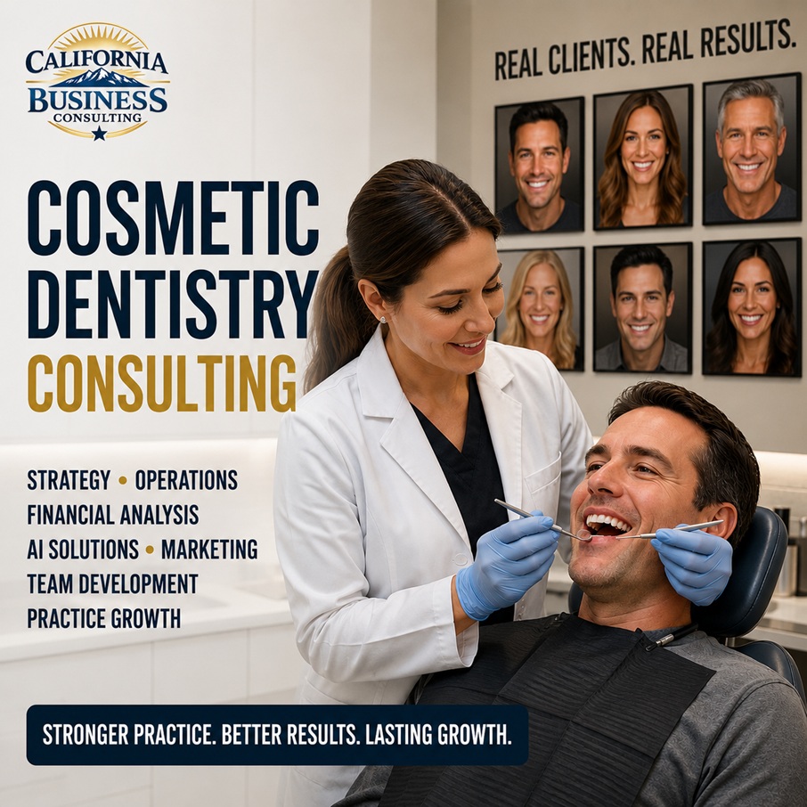 Cosmetic dentistry business consulting for strategy, operations, financial analysis, AI solutions, and practice growth