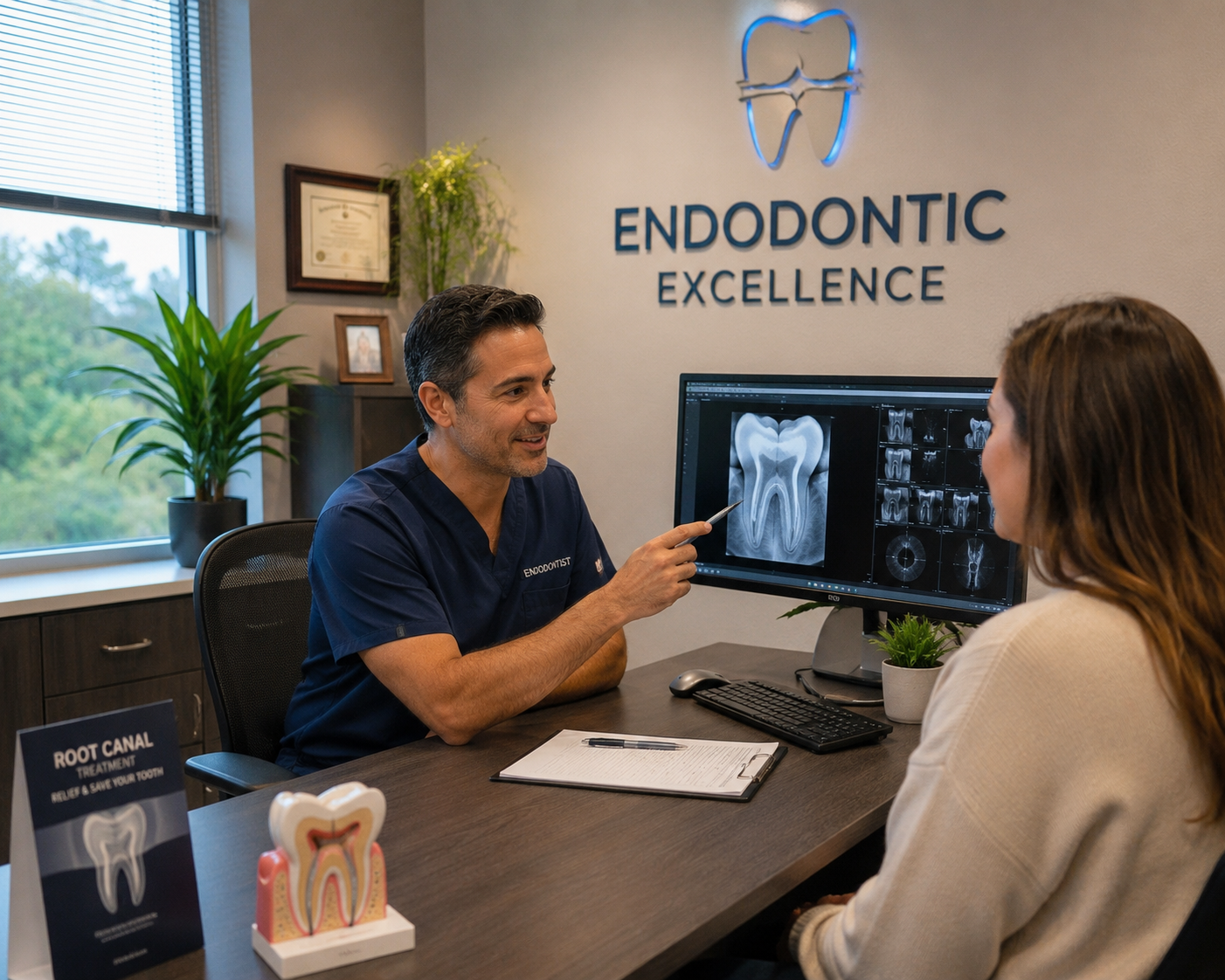 Endodontist consulting with a patient in a modern endodontic office while reviewing digital root canal X-rays, representing Endodontic Practice Consulting by California Business Consulting.