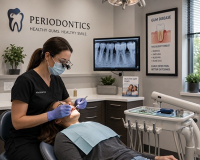 Periodontist performing a comprehensive gum disease examination and periodontal treatment in a modern dental office.