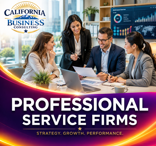 Professional Services Consulting - California Business Consulting banner for professional service firms featuring business strategy, operational excellence, financial analysis, AI strategy, and business growth.