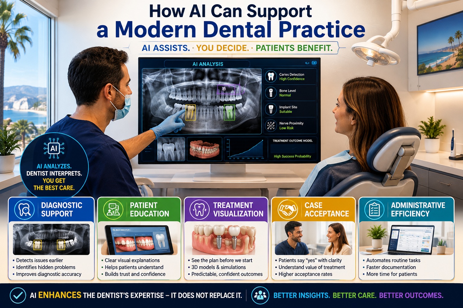How AI Can Support a Modern Dental Practice – AI-assisted dental diagnostics, patient education, treatment visualization, case acceptance, and administrative efficiency.