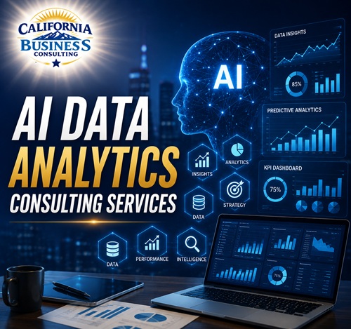AI Data Analytics Consulting Services featuring artificial intelligence, business intelligence dashboards, predictive analytics, KPI reporting, data visualization, and AI-powered business insights by California Business Consulting. Description