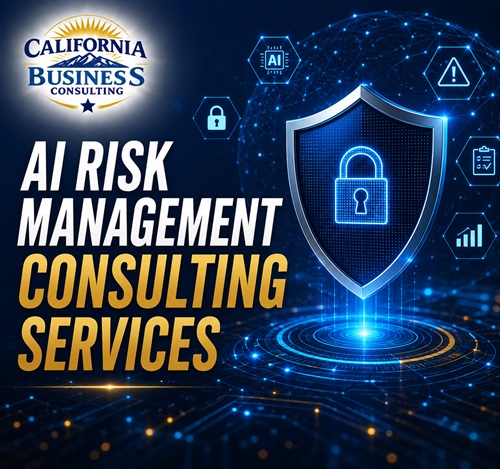 AI Risk Management Consulting Services image featuring a secure AI shield, cybersecurity, AI governance, digital risk protection, and the California Business Consulting logo.