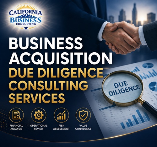 Business Acquisition Due Diligence Consulting Services featuring financial analysis, risk assessment, business valuation, and due diligence for successful business acquisitions.