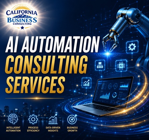 AI Automation Consulting Services featuring artificial intelligence, business process automation, workflow optimization, robotic automation, data analytics, and digital transformation by California Business Consulting.