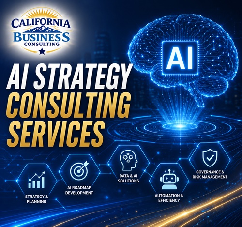 AI Strategy Consulting Services banner featuring a digital AI brain, artificial intelligence technology, business analytics, automation, data visualization, and digital transformation for California Business Consulting.