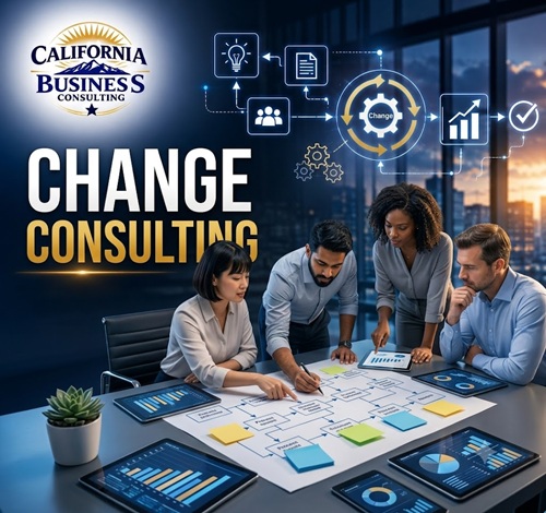 Change Management Consulting team analyzing workflow maps, data dashboards, and organizational transformation strategies.