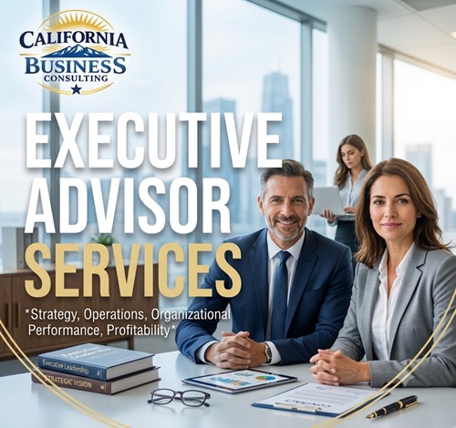 Executive Advisory Services meeting with business executives reviewing strategy, financial performance, and leadership planning at California Business Consulting.