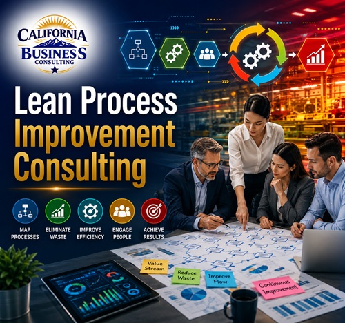 Lean Process Improvement Consulting team analyzing workflows, value stream mapping, process optimization, waste reduction, KPI dashboards, and continuous improvement strategies in a modern business environment.