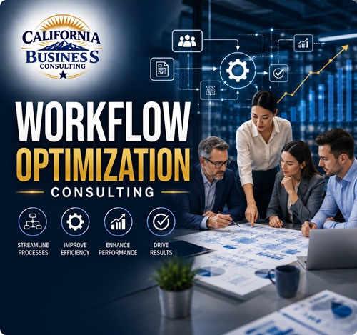 Workflow Optimization Consulting team collaborating on business process improvement, workflow automation, operational efficiency, and performance optimization for California Business Consulting.